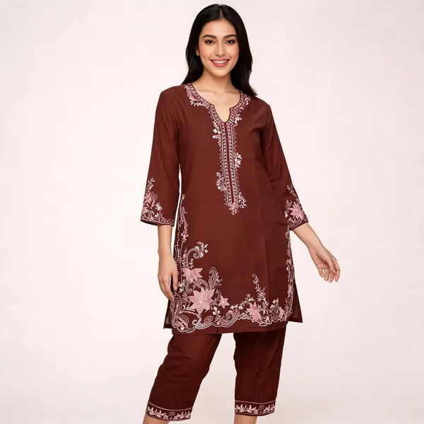 Brown_Rayon_Straight_Embroidered_Kurta_Set_For_Women