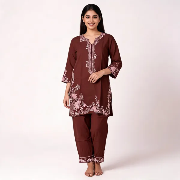 Brown_Rayon_Straight_Embroidered_Kurta_Set_For_Women