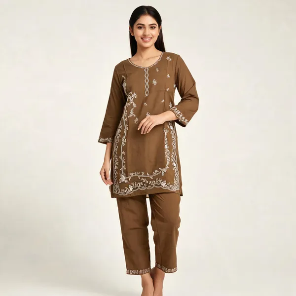 Brown_Rayon_Straight_Embroidered_Kurta_Set_For_Women