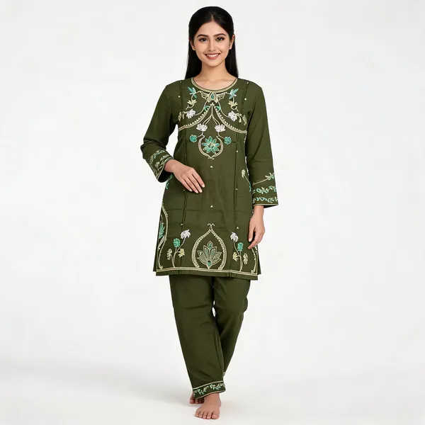 Olive_Green_Rayon_Straight_Embroidered_Kurta_Pant_Set_For_Women