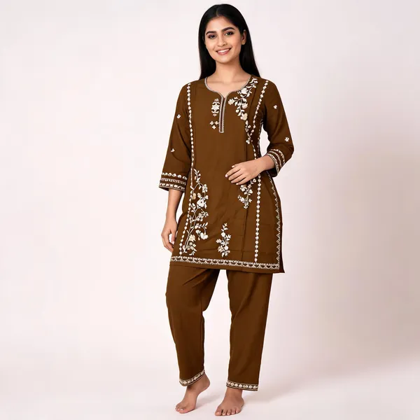 Brown_Rayon_Straight_Embroidered_Kurta_Set_For_Women