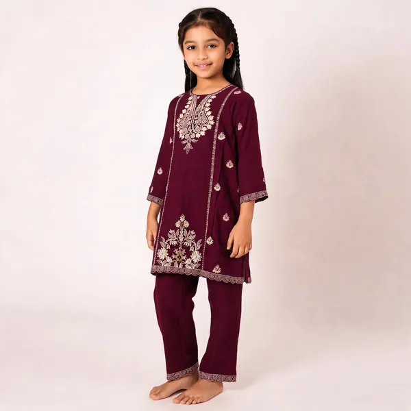Maroon_Rayon_Straight_Embroidered_Kurta_Set_For_Girls