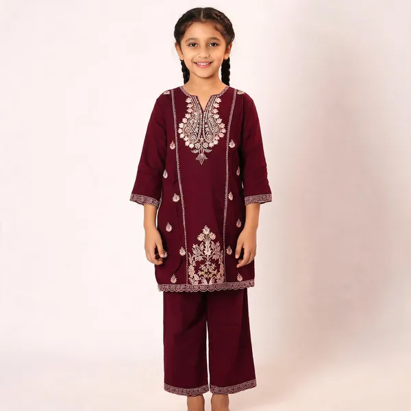 Maroon_Rayon_Straight_Embroidered_Kurta_Set_For_Girls