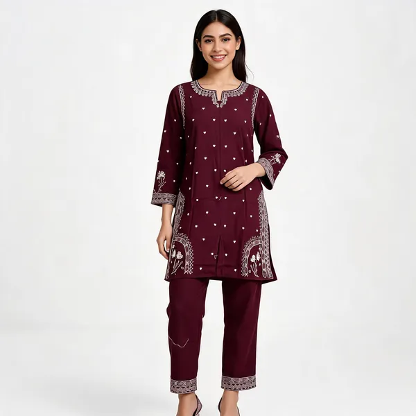 Maroon_Rayon_Straight_Embroidered_Kurta_Set_For_Women