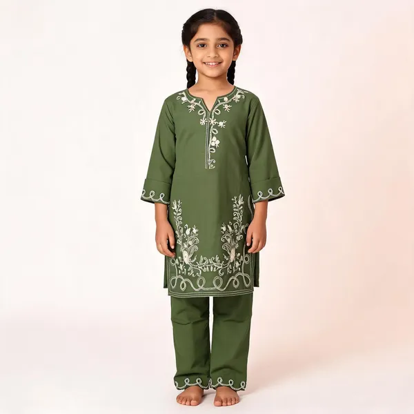 Olive_Green_Rayon_Straight_Embroidered_Kurta_Set_For_Girls