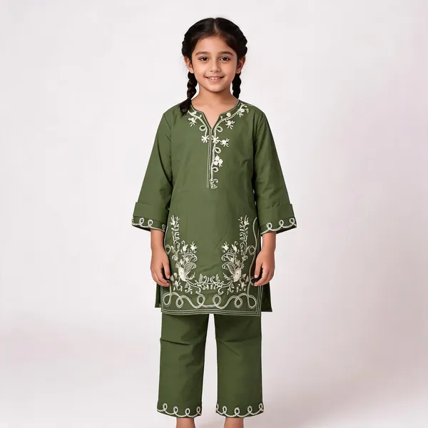 Olive_Green_Rayon_Straight_Embroidered_Kurta_Set_For_Girls