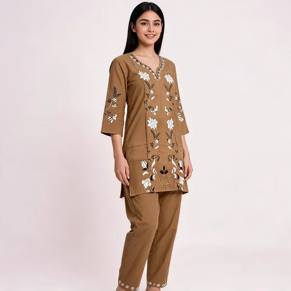 Brown_Rayon_Straight_Embroidered_Kurta_Set_For_Women