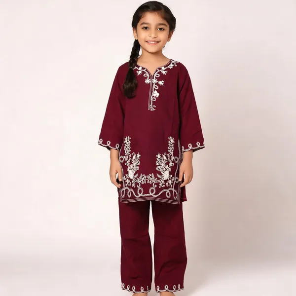 Maroon_Rayon_Straight_Embroidered_Kurta_Set_For_Girls
