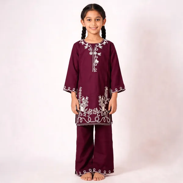 Maroon_Rayon_Straight_Embroidered_Kurta_Set_For_Girls