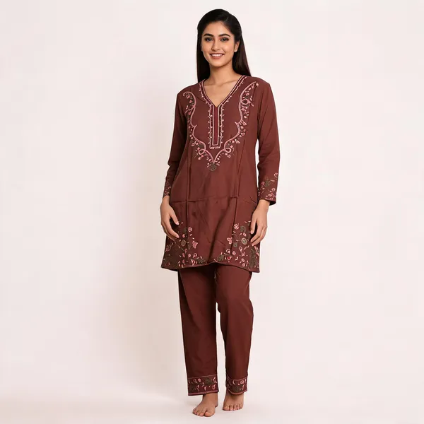 Brown_Rayon_Straight_Embroidered_Kurta_Set_For_Women