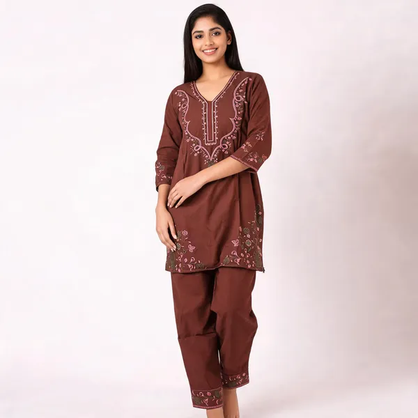 Brown_Rayon_Straight_Embroidered_Kurta_Set_For_Women