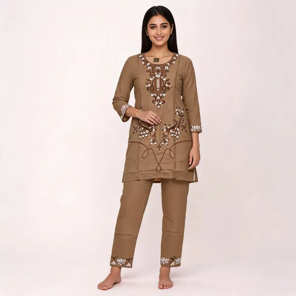 Brown_Rayon_Straight_Embroidered_Kurta_Set_For_Women