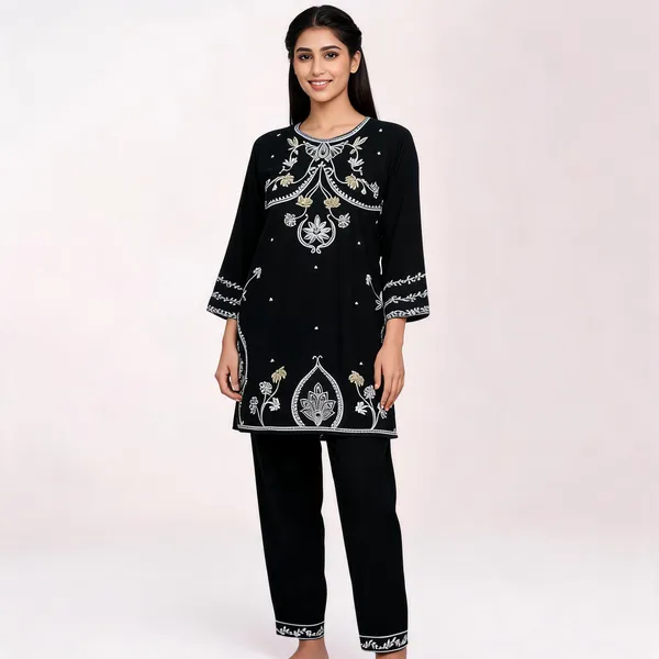 Black_Rayon_Straight_Embroidered_Kurta_Pant_Set_For_Women
