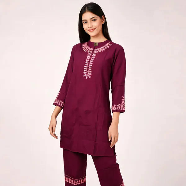 Maroon_Rayon_Straight_Embroidered_Kurta_Set_For_Women
