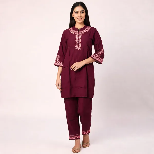 Maroon_Rayon_Straight_Embroidered_Kurta_Set_For_Women