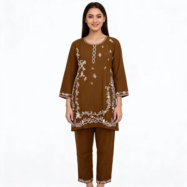 Brown_Rayon_Straight_Embroidered_Kurta_Set_For_Women
