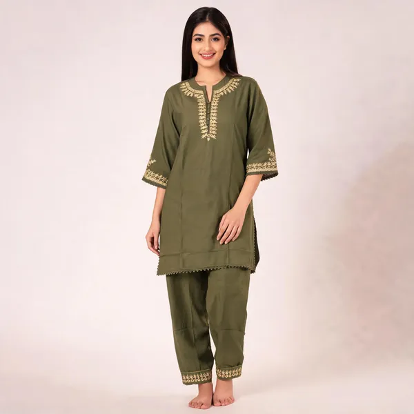 Olive_Green_Rayon_Straight_Embroidered_Kurta_Set_For_Women