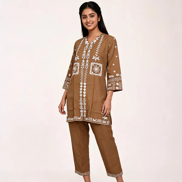 Brown_Rayon_Straight_Embroidered_Kurta_Pajama_Set_For_Women