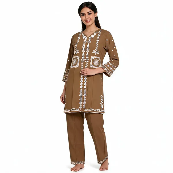 Brown_Rayon_Straight_Embroidered_Kurta_Pajama_Set_For_Women