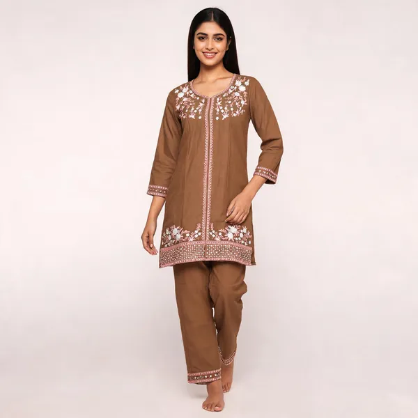 Brown_Rayon_Straight_Embroidered_Kurta_Pant_Set_For_Women