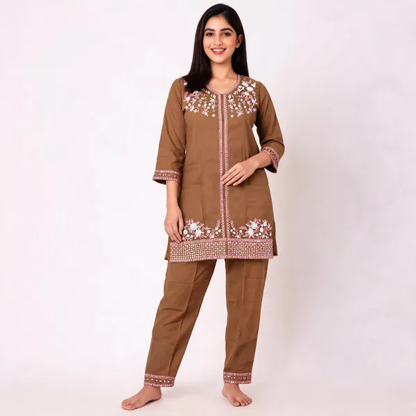 Brown_Rayon_Straight_Embroidered_Kurta_Pant_Set_For_Women