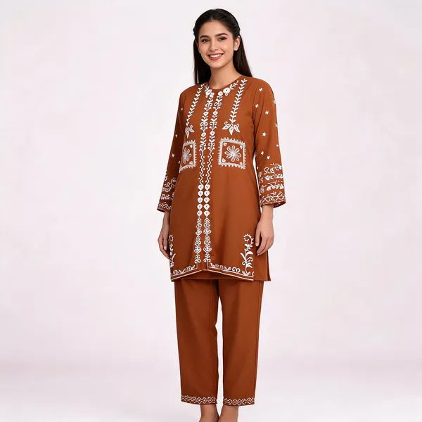 Brown_Rayon_Straight_Embroidered_Kurta_Set_For_Women