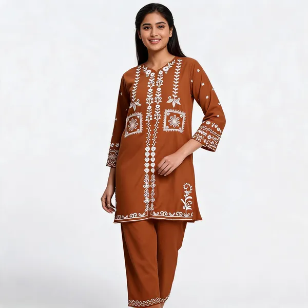 Brown_Rayon_Straight_Embroidered_Kurta_Set_For_Women