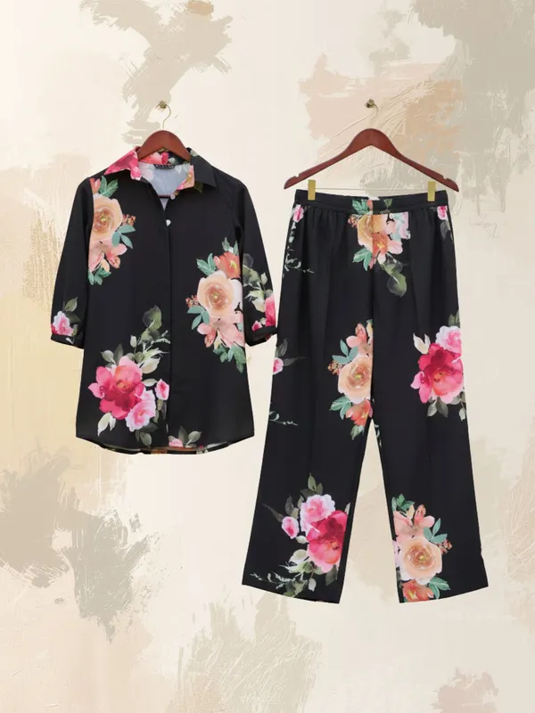 Black_Floral_Printed_Shirt_And_Trousers_Co-Ord_Set_For_Women