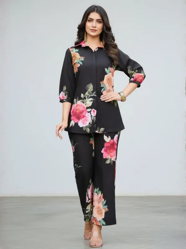 Black_Floral_Printed_Shirt_And_Trousers_Co-Ord_Set_For_Women