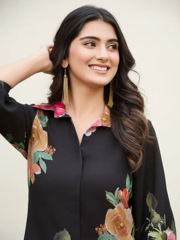 Black_Floral_Printed_Shirt_And_Trousers_Co-Ord_Set_For_Women