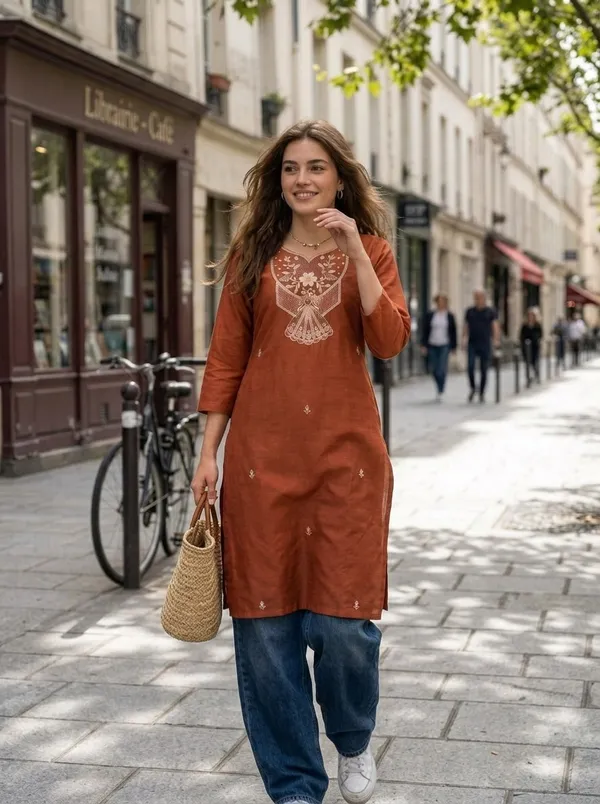 Rust_Embroidered_Straight_Kurta_For_Women