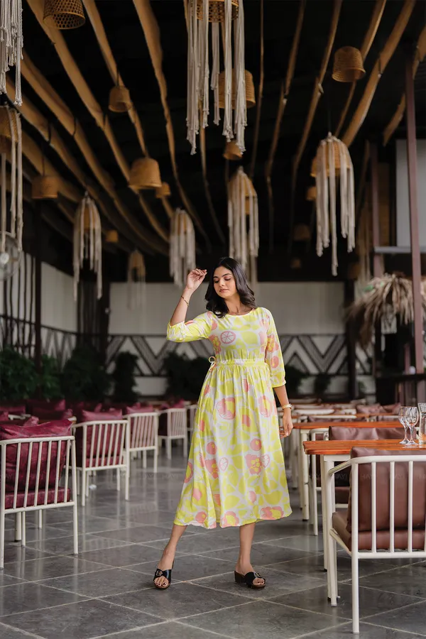 Yellow_Floral_Print_Gathered_Waist_Midi_Dress_For_Women