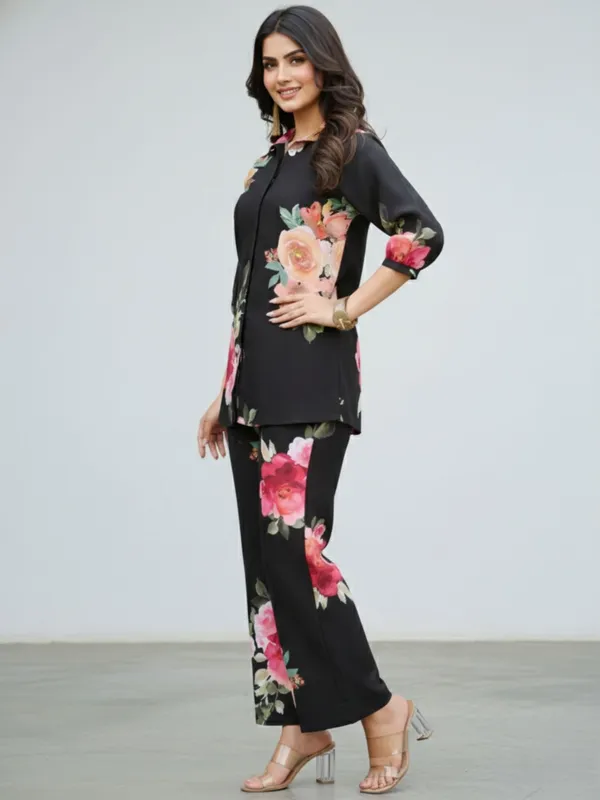 Black_Floral_Printed_Shirt_And_Trousers_Co-Ord_Set_For_Women