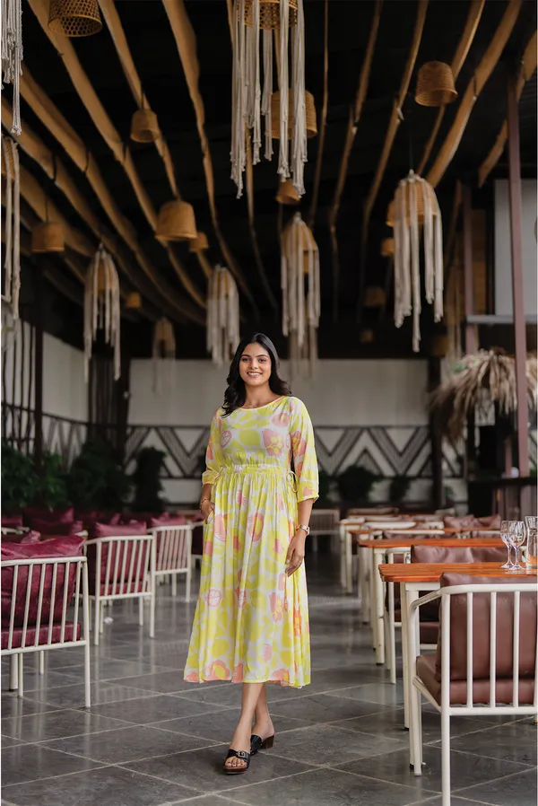 Yellow_Floral_Print_Gathered_Waist_Midi_Dress_For_Women