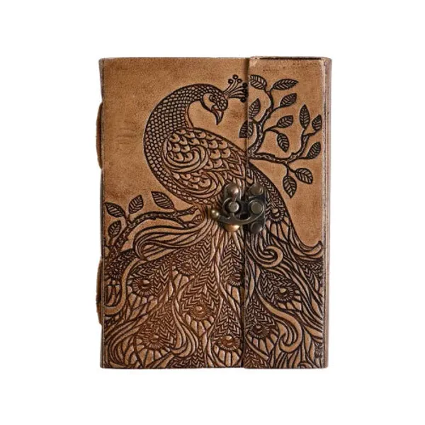 Handmade_Embossed_Peacock_Tan_Brown_100%_Genuine_Buffalo_Leather_Journal_For_Writing_&_Sketching_-_Vintage_Brass_Finish_Lock,_200_Unruled_Pages,