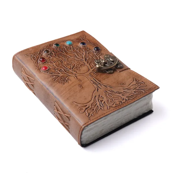Handmade_Embossed_Seven_Chakra_Tree_Of_Life_Antique_Tan_100%_Genuine_Buffalo_Leather_Journal_For_Writing_&_Sketching_-_Inlaid_7_Healing_Stones,_Vintage_Brass_Finish_Lock,_200_Unruled_Pages,_Portable_7X5_Inch_Hand-Stitched_Diary_For_Men_&_Women