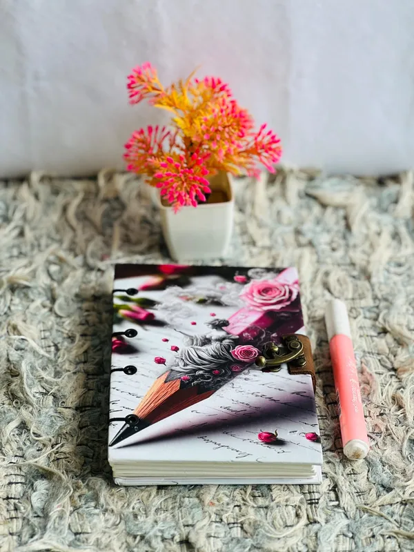 Handcrafted_Surrealist_Artist_Pencil_&_Blooming_Roses_Printed_Hardbound_Journal_For_Writing_&_Sketching_-_Vintage_Brass_Finish_Lock,_200_Unruled_Pages,_Portable_7X5_Inch_Hand-Stitched_Diary