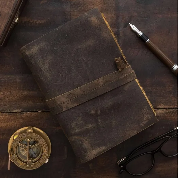 Handmade_Antique_Dark_Brown_100%_Genuine_Buffalo_Leather_Journal_With_Deckle_Edge_Paper_For_Writing_&_Sketching_-_Cross-Laced_Spine_Details_With_Wrap-Around_Tie_Strap,_200_Unruled_Pages,_Portable_7X5_Inch_Diary_For_Men_&_Women