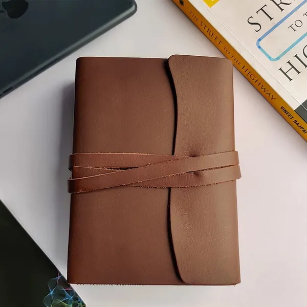 Handmade_Smooth_Chocolate_Brown_100%_Genuine_Buffalo_Leather_Journal_For_Writing_&_Sketching_-_Curved_Flap_With_Wrap-Around_Tie_Strap,_200_Unruled_Pages,_Portable_7X5_Inch_Hand-Stitched_Diary_For_Men_&_Women