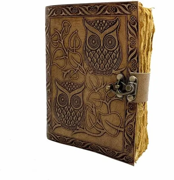 Handmade_Twin_Owl_Embossed_Vintage_Leather_Journal_With_Brass_Lock_-_Antique_Deckle_Edge_Paper,_200_Unruled_Pages,_7X5_Inch_Hand-Stitched_Diary