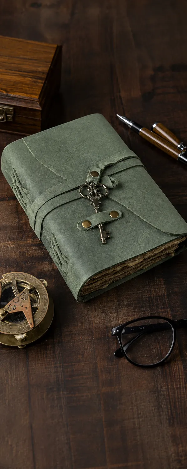 Handmade_Vintage_Olive_Green_100%_Genuine_Buffalo_Leather_Journal_With_Antique_Deckle_Edge_Paper_For_Writing_&_Sketching_-_Antique_Brass_Skeleton_Key_&_Leather_Wrap_Strap,_200_Unruled_Pages,_Portable_7X5_Inch_Hand-Stitched_Diary_For_Men_&_Women