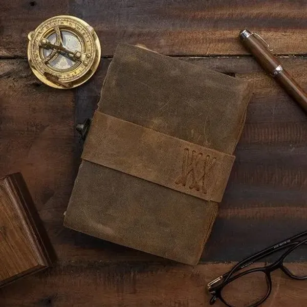 Handmade_Vintage_Rustic_Brown_100%_Genuine_Buffalo_Leather_Journal_With_Antique_Burnt_Deckle_Edge_Paper_For_Writing_&_Sketching_-_Riveted_Leather_Strap_With_Vintage_Brass_Finish_Lock,_200_Unruled_Pages,_Portable_8X6_Inch_Hand-Stitched_Diary_For_Men_&_Women