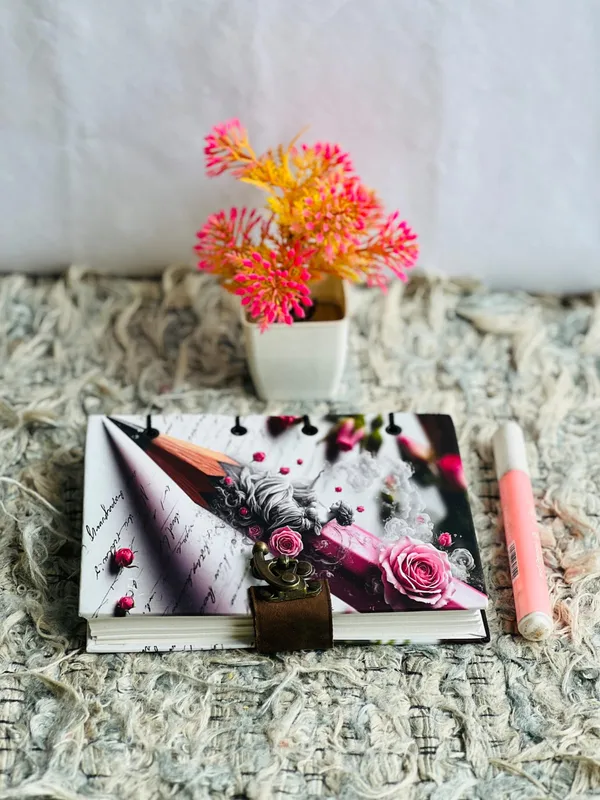 Handcrafted_Surrealist_Artist_Pencil_&_Blooming_Roses_Printed_Hardbound_Journal_For_Writing_&_Sketching_-_Vintage_Brass_Finish_Lock,_200_Unruled_Pages,_Portable_7X5_Inch_Hand-Stitched_Diary