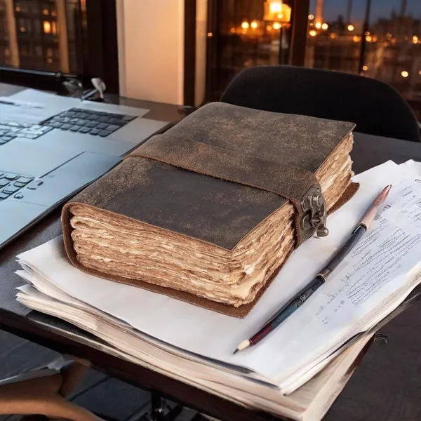 Handmade_Vintage_Dark_Brown_100%_Full-Grain_Genuine_Buffalo_Leather_Journal_With_Deckle_Edge_Handmade_Cotton_Paper_-_Antique_Brass_Skeleton_Key_&_Wrap_Strap,_200_Unruled_Pages,_Portable_7X5_Inch_Diary_For_Men_&_Women