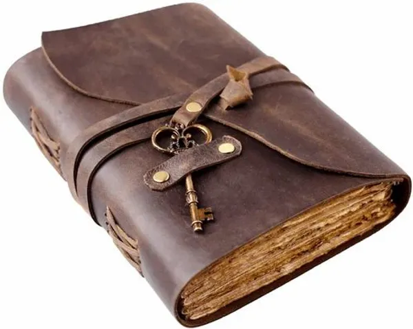 Handmade_Vintage_Dark_Brown_100%_Genuine_Buffalo_Leather_Tri-Fold_Journal_With_Antique_Deckle_Edge_Paper_For_Writing_&_Sketching_-_Antique_Brass_Skeleton_Key_With_Wrap-Around_Tie_Strap,_200_Unruled_Pages,_Portable_7X5_Inch_Diary_For_Men_&_Women