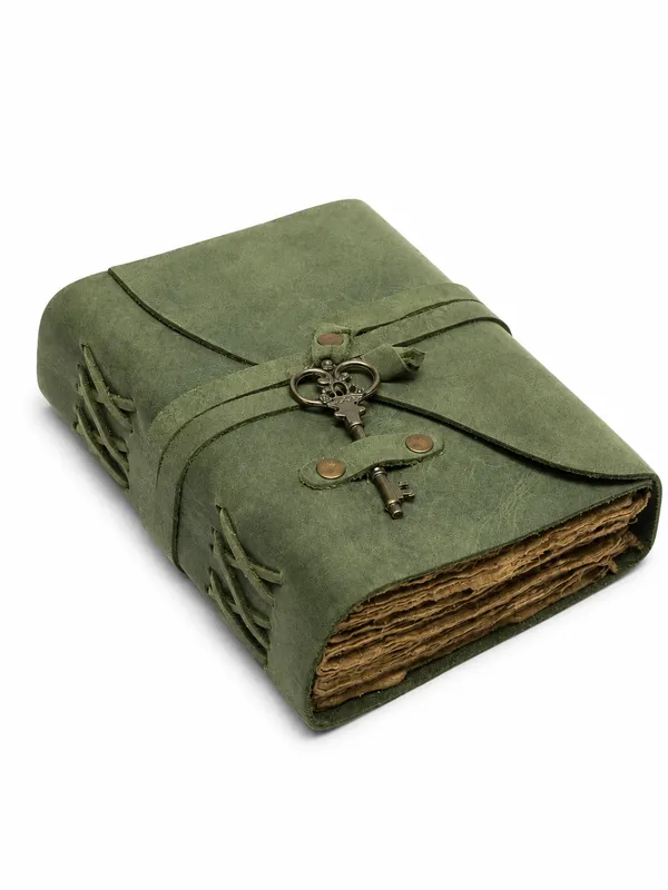 Handmade_Vintage_Olive_Green_100%_Genuine_Buffalo_Leather_Journal_With_Antique_Deckle_Edge_Paper_For_Writing_&_Sketching_-_Antique_Brass_Skeleton_Key_&_Leather_Wrap_Strap,_200_Unruled_Pages,_Portable_7X5_Inch_Hand-Stitched_Diary_For_Men_&_Women