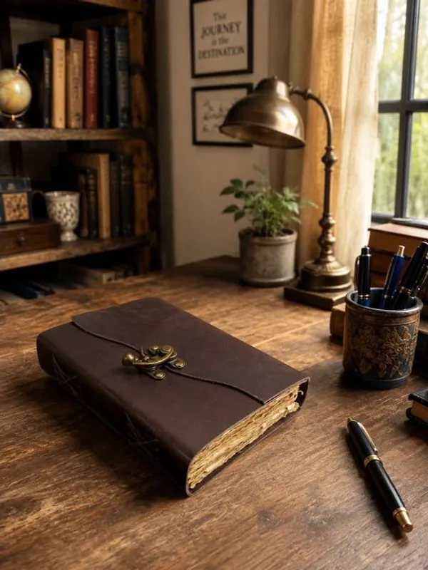 Handmade_Vintage_Dark_Espresso_Brown_100%_Genuine_Buffalo_Leather_Journal_With_Antique_Deckle_Edge_Paper_For_Writing_&_Sketching_-_Curved_Flap_With_Vintage_Brass_Finish_Lock,_200_Unruled_Pages,_Portable_7X5_Inch_Hand-Stitched_Diary_For_Men_&_Women
