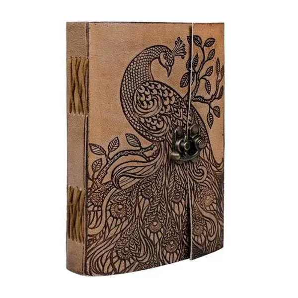 Handmade_Embossed_Peacock_Tan_Brown_100%_Genuine_Buffalo_Leather_Journal_For_Writing_&_Sketching_-_Vintage_Brass_Finish_Lock,_200_Unruled_Pages,