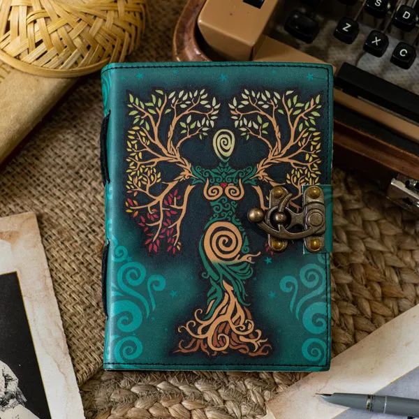 Teal_Buffalo_Leather_UV_Print_Gaia_Tree_Goddess_Lock_Journal_200_Pages