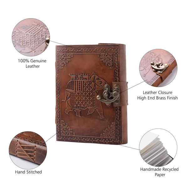 Handmade_Embossed_Royal_Indian_Elephant_Tan_Brown_100%_Genuine_Buffalo_Leather_Journal_For_Writing_&_Sketching_-_Vintage_Brass_Finish_Lock,_200_Unruled_Pages,_Portable_7X5_Inch_Hand-Stitched_Diary_For_Men_&_Women
